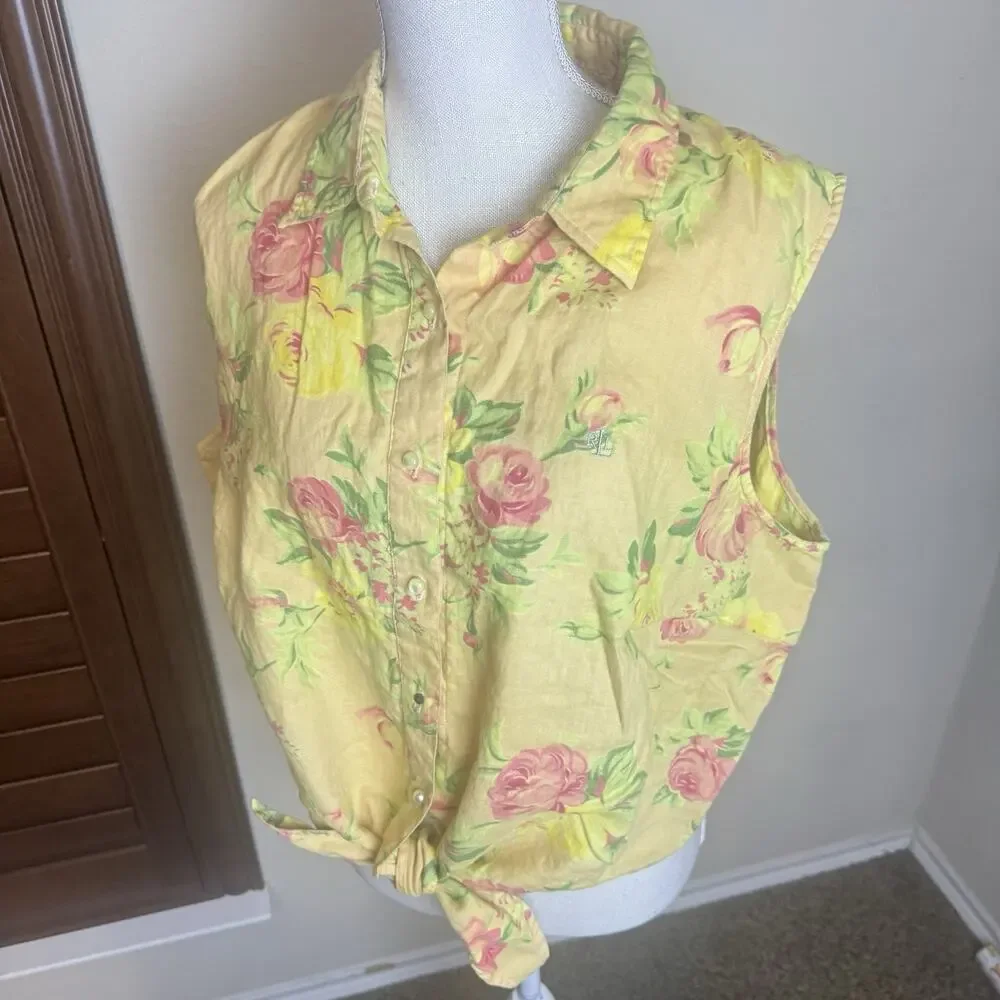LRL Ralph Lauren Womens 2X 100% Linen Floral Tie Front Sleeveless Top shirt - Picture 2 of 6